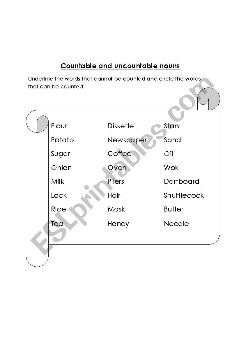 Countable and countable nouns worksheet