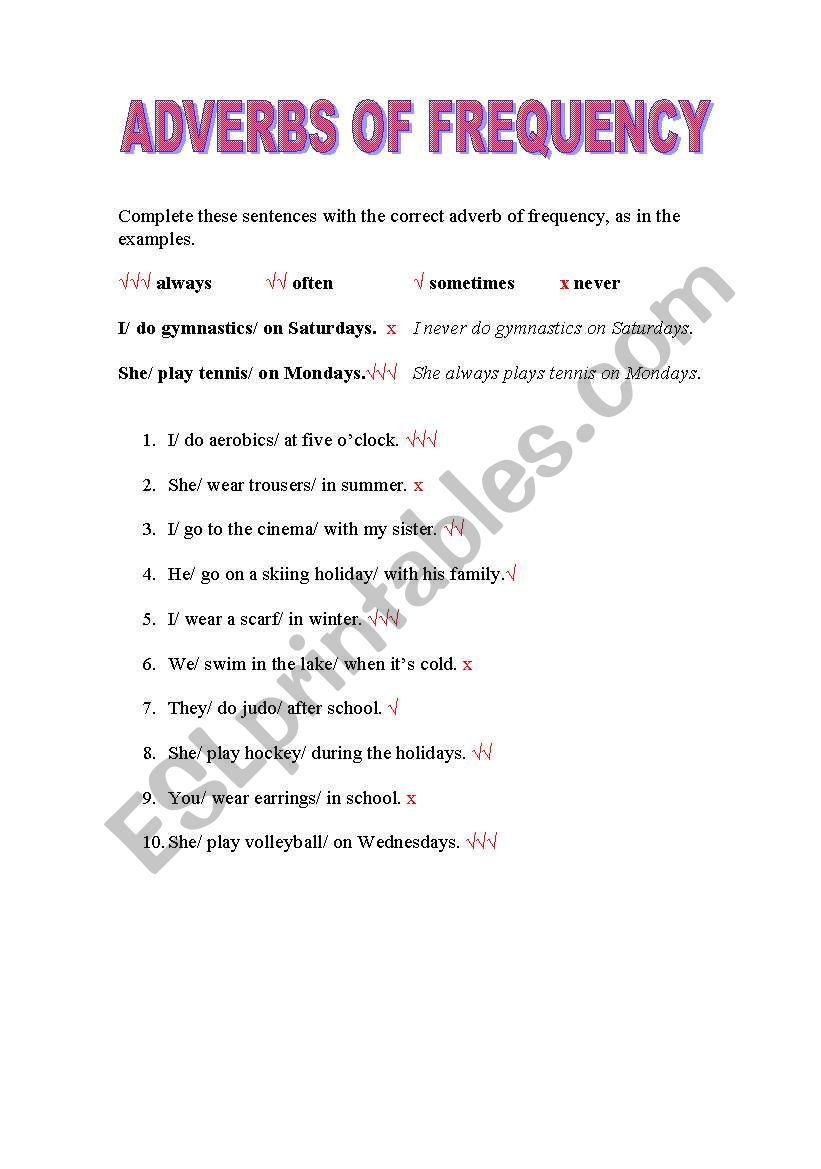 Adverbs of Frequency Worksheet