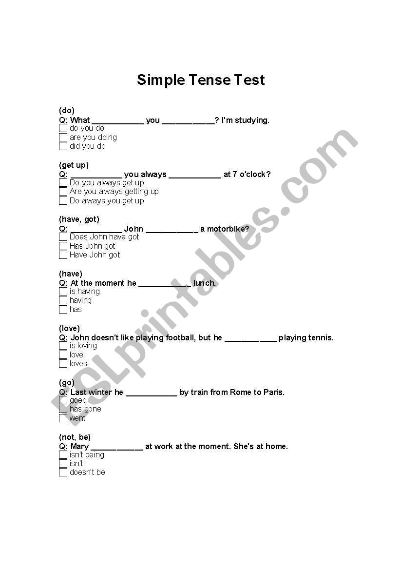 Simple Test for Tense skill worksheet