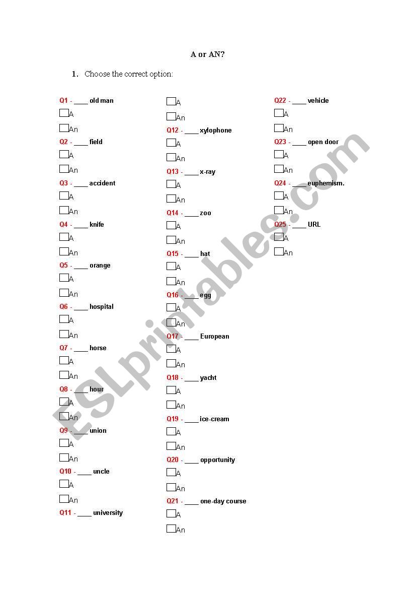 A/An worksheet