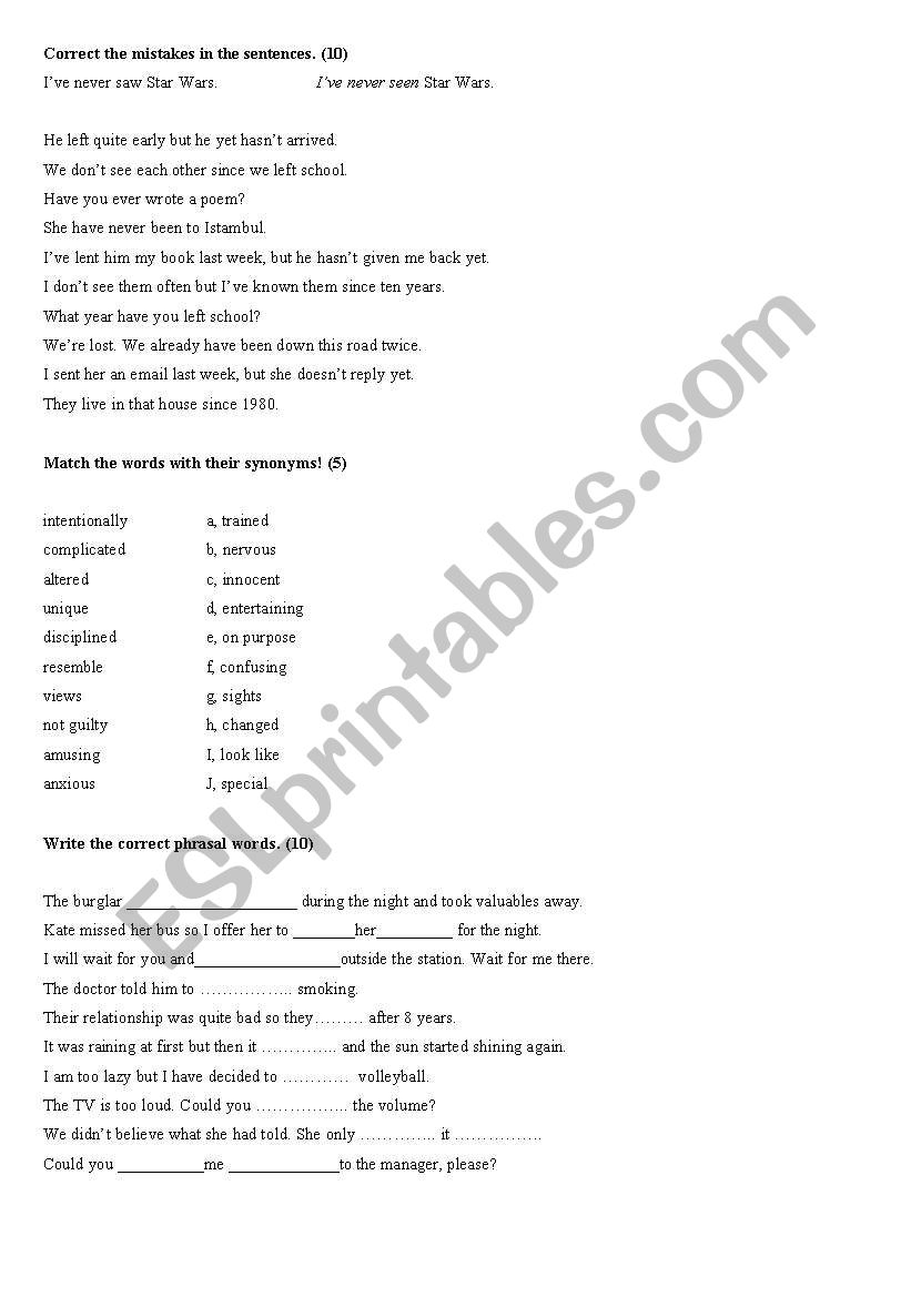 Matrix Intermediate 1-2 TEST worksheet