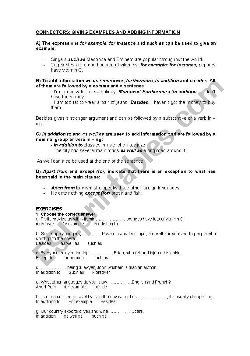 Connectors to add information worksheet