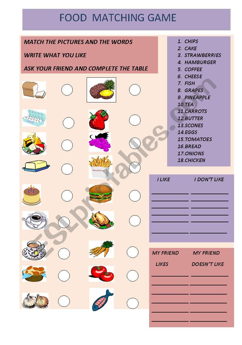 FOOD MATCHING GAME - ESL worksheet by mteresa.bar