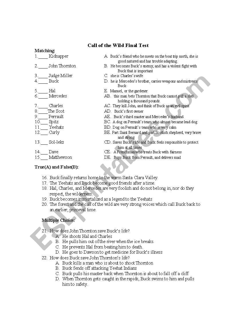 Call of the Wild Final Test worksheet