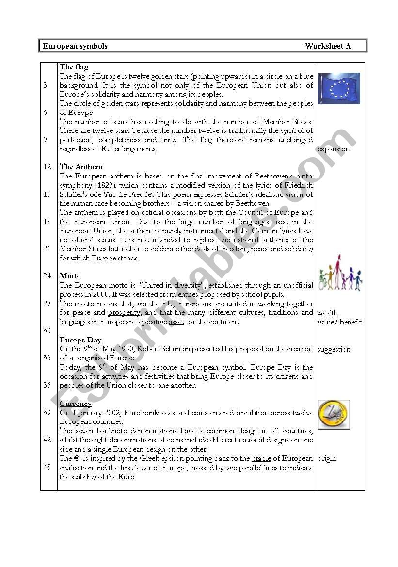 Eurpean Symbols worksheet