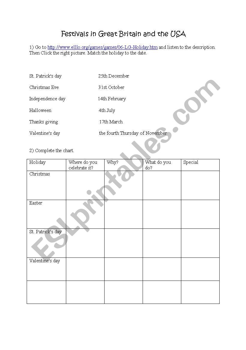 holidays worksheet