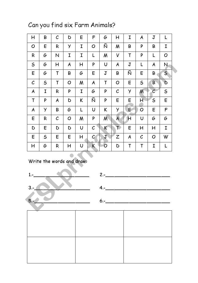 Farm animals wordsearch worksheet