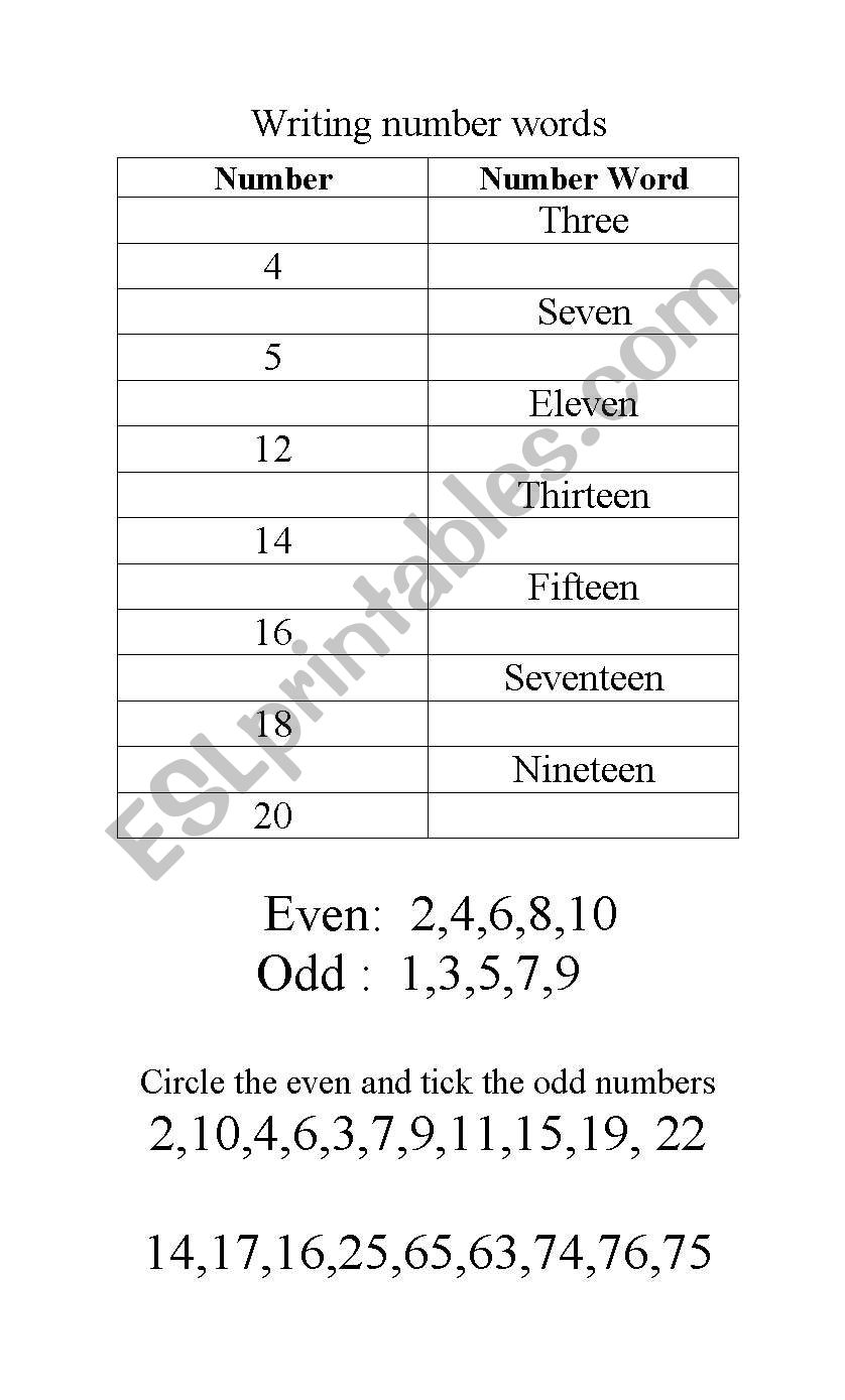 EVEN AND ODD NUMBERS worksheet