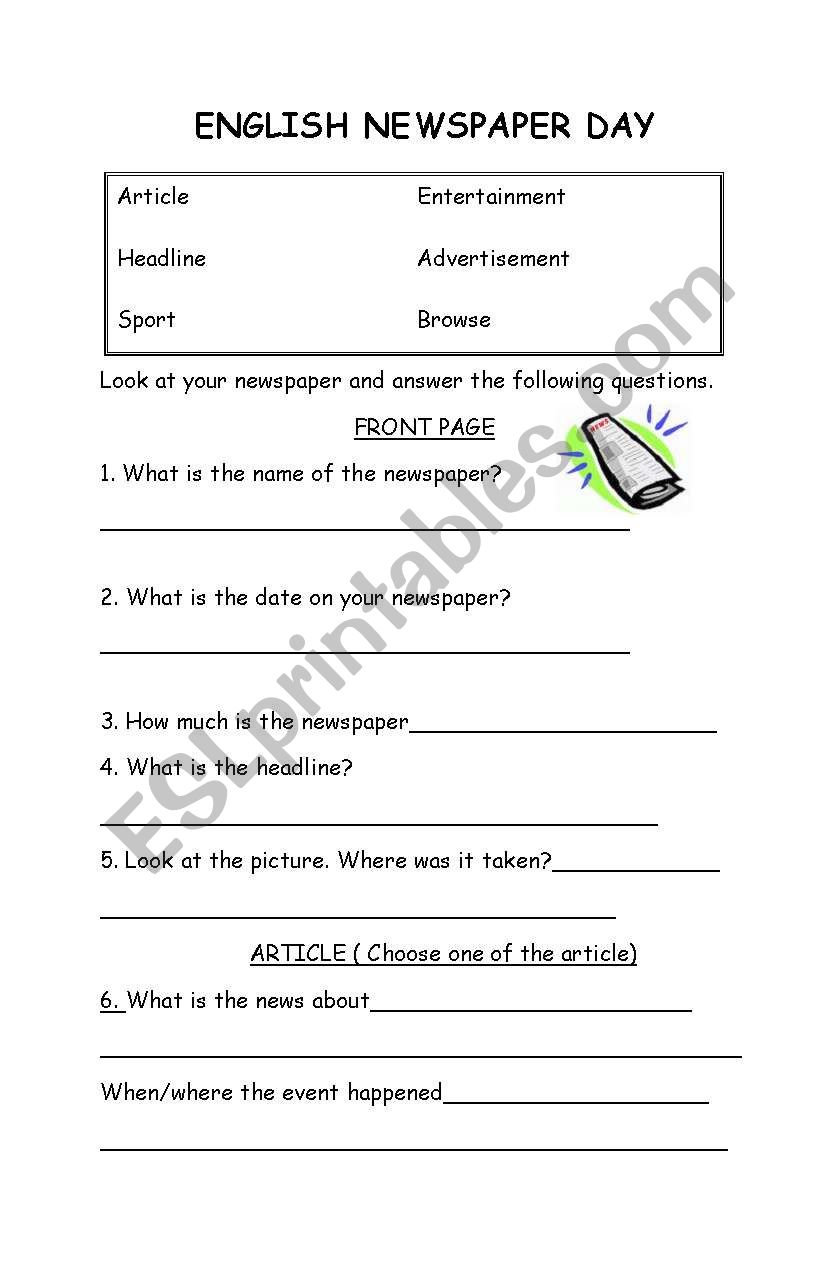 What is in News paper worksheet
