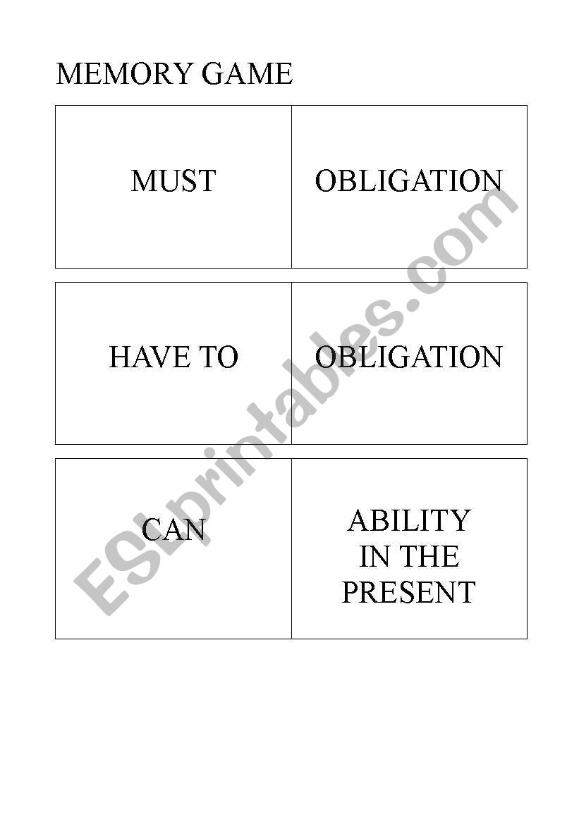 English worksheets: Cards to play the memory game with modal verbs and ...