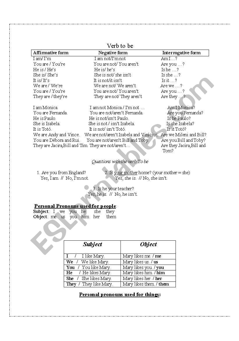 Verb to be , subject and object