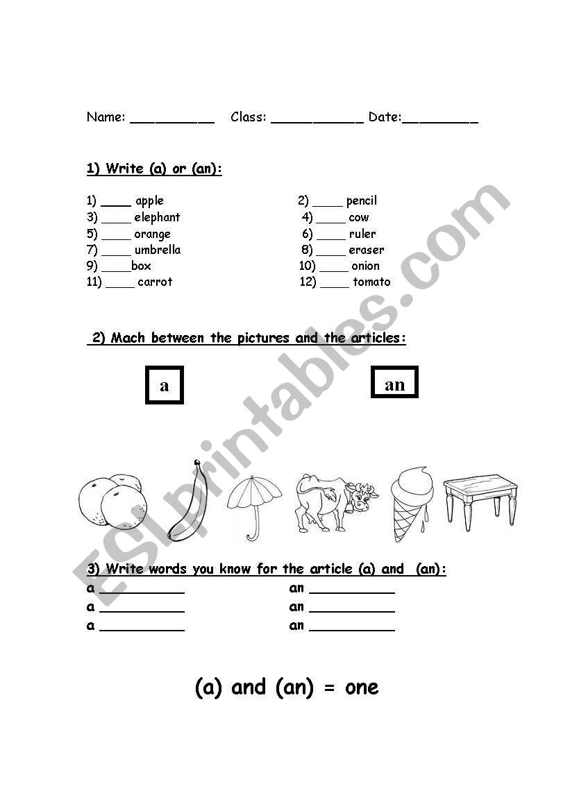 articles worksheet