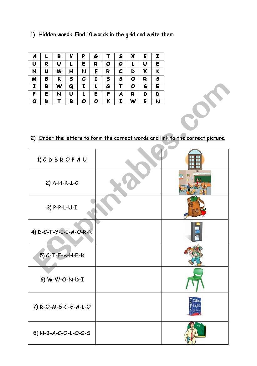 classroom objects worksheet