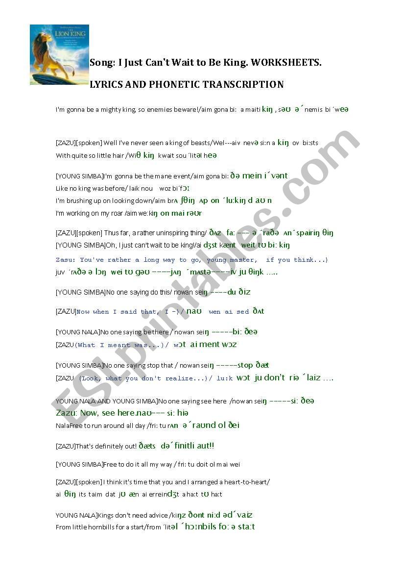 The Lion King Gapfill - Just Can't W…: English ESL worksheets pdf