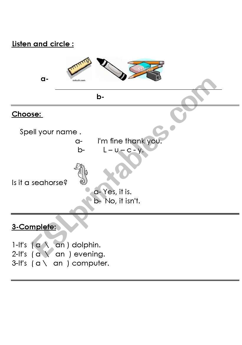 listen,choose,complete worksheet