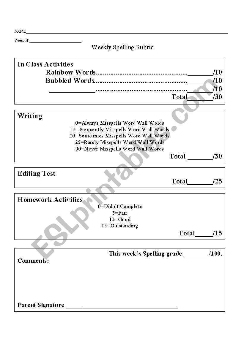 Word Study Weekly Grade Sheet worksheet