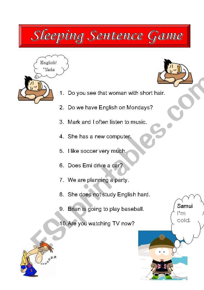 English Worksheets Sleeping Sentence Game