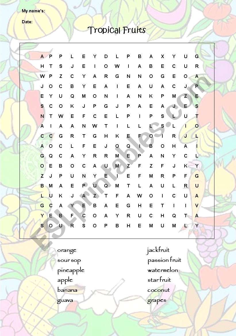 Tropical Fruit Wordsearch worksheet