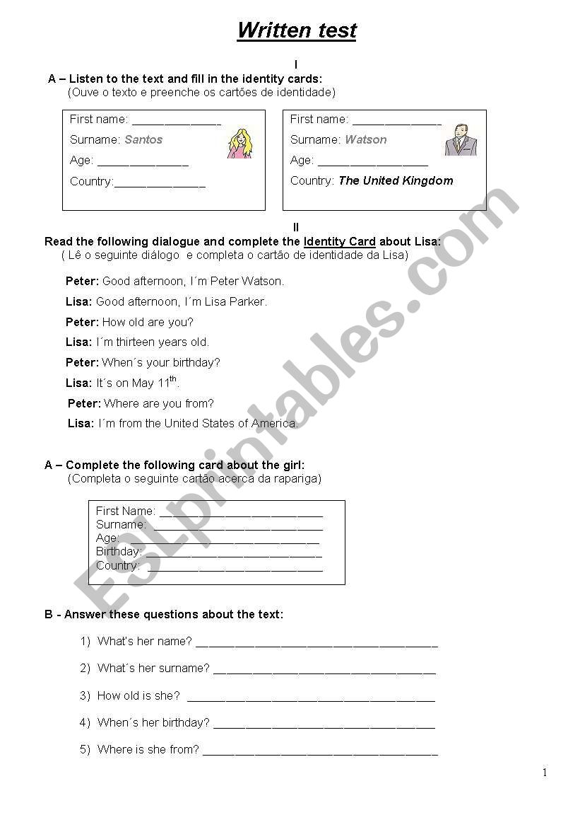 Evaluation Test worksheet