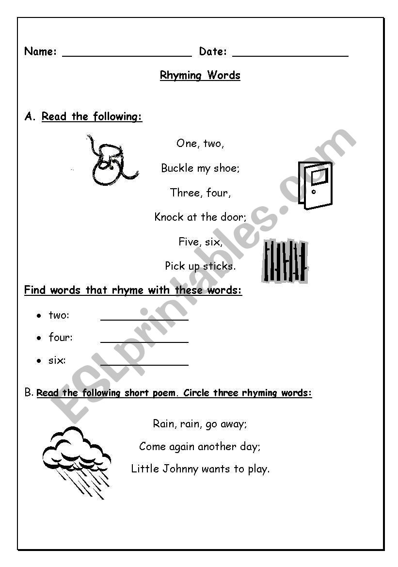 English Worksheets Rhyming Words