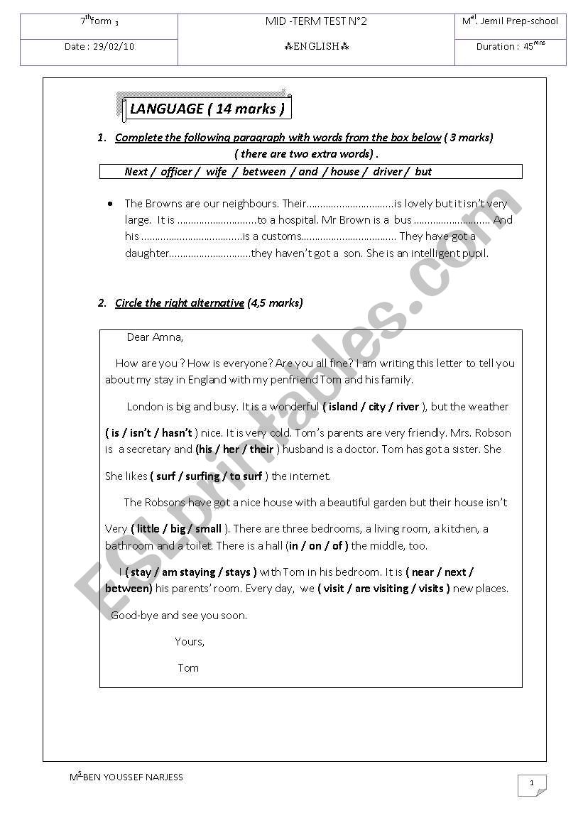 Mid Term English Test 2 worksheet