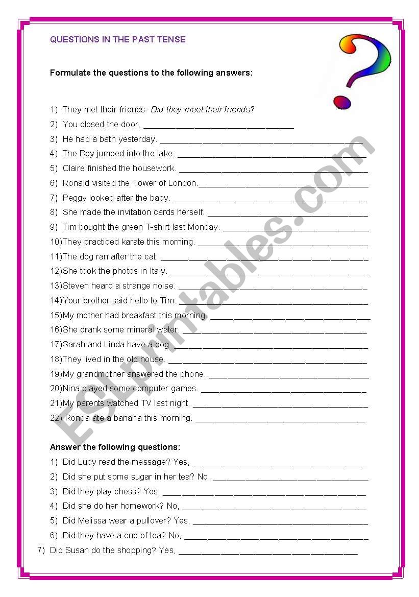 Past Tense Questions ESL Worksheet By Skoll