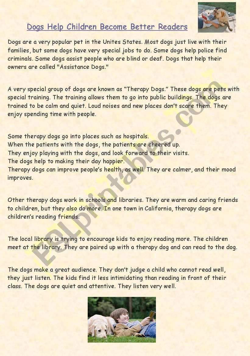English worksheets: Dogs Help Children Become Better Readers