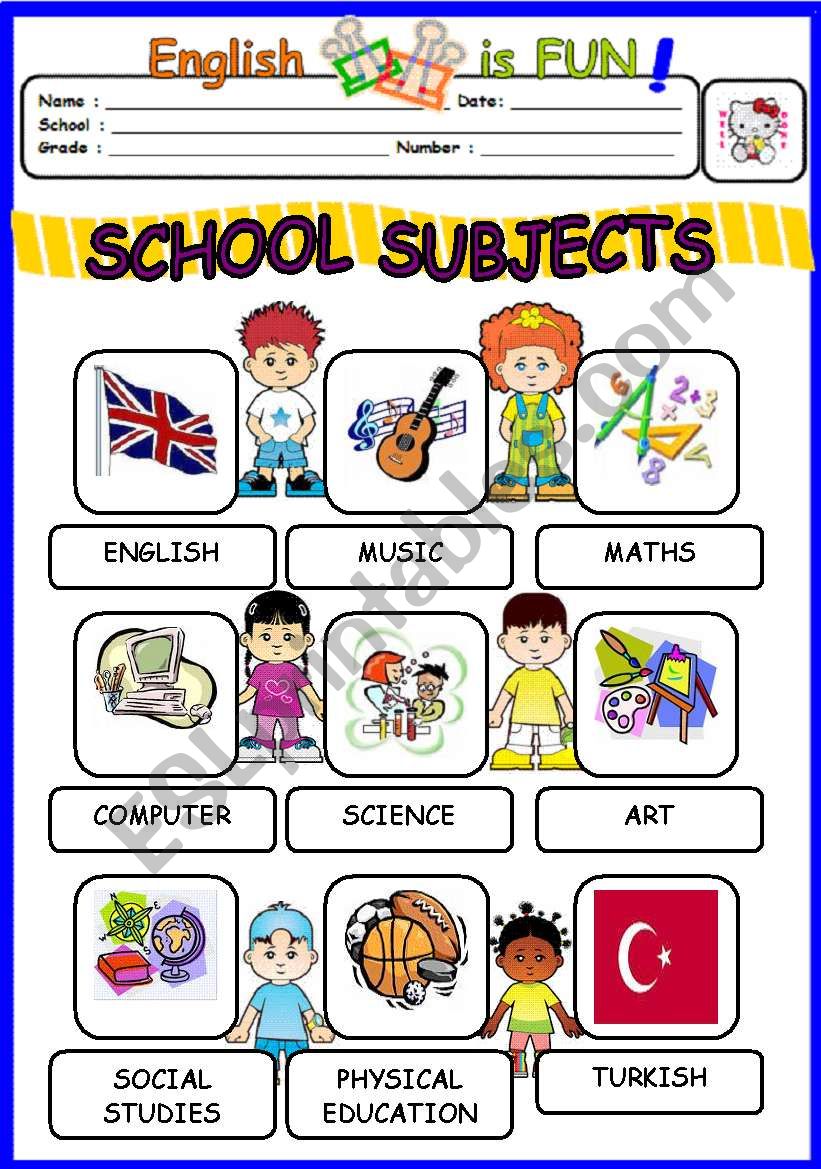 English School Subjects Worksheets