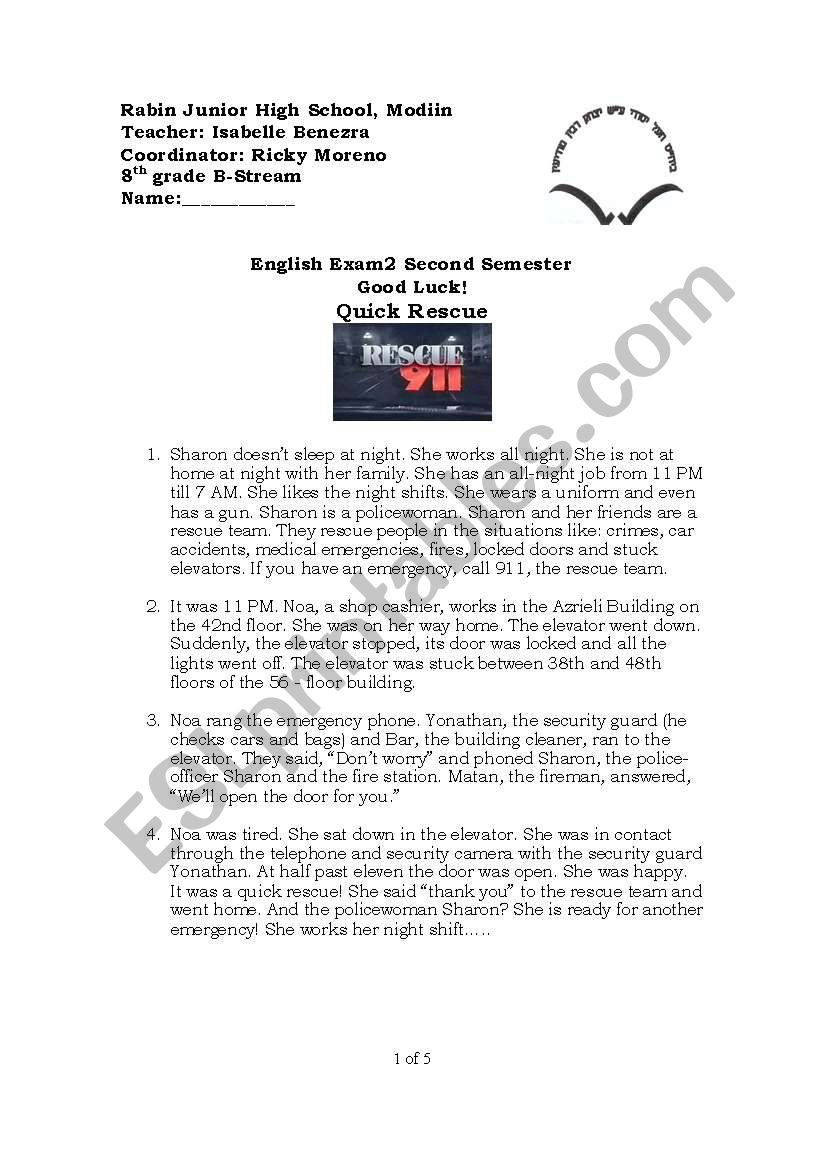 test quick rescue 911 worksheet