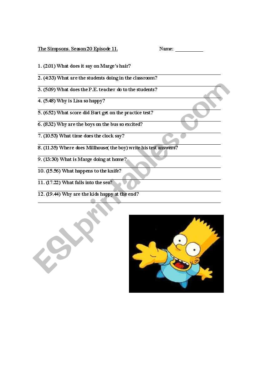 The Simpsons. Worksheet for Season 20 Episode 11