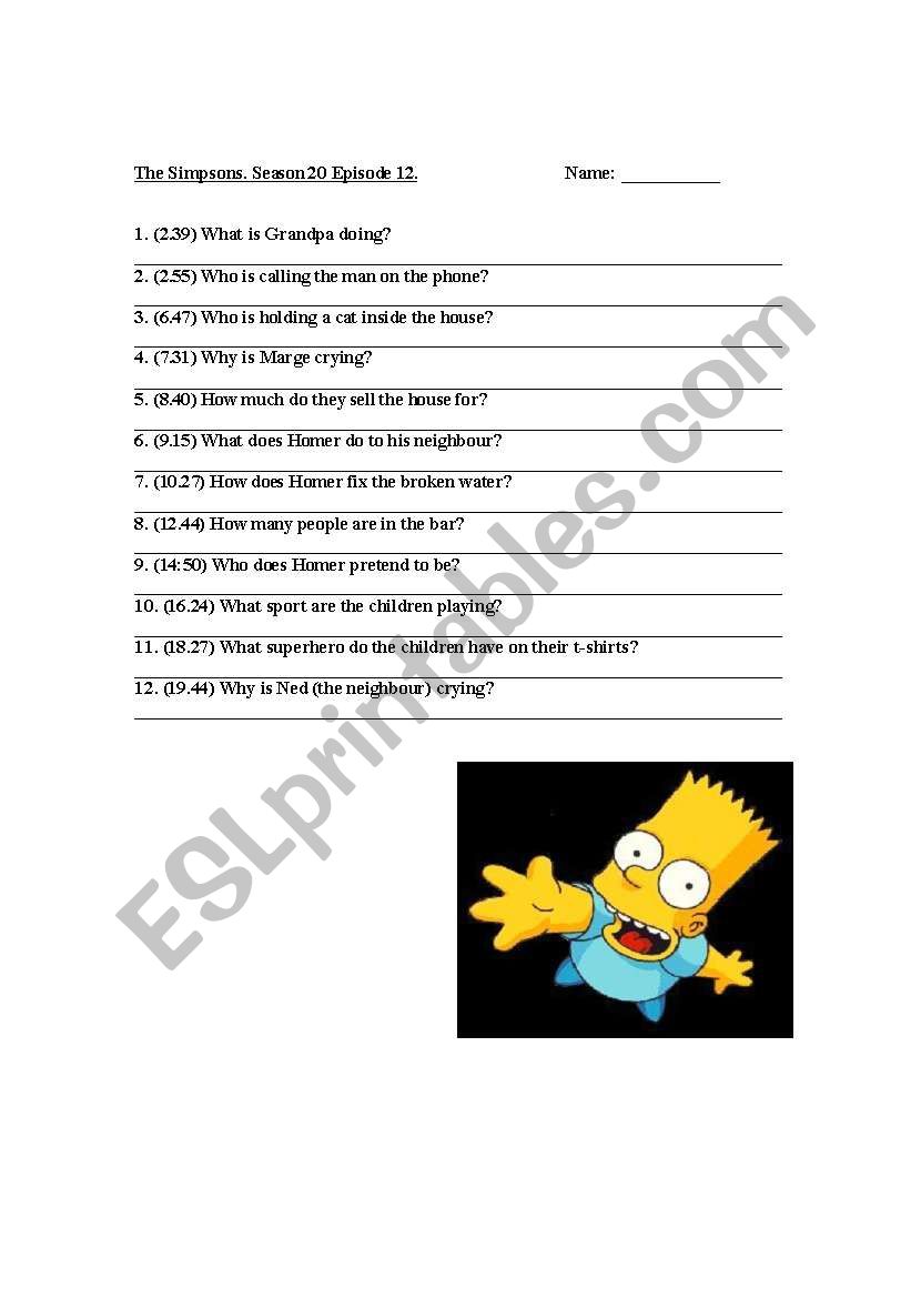 The Simpsons Worksheet, Season 20 Episode 12 