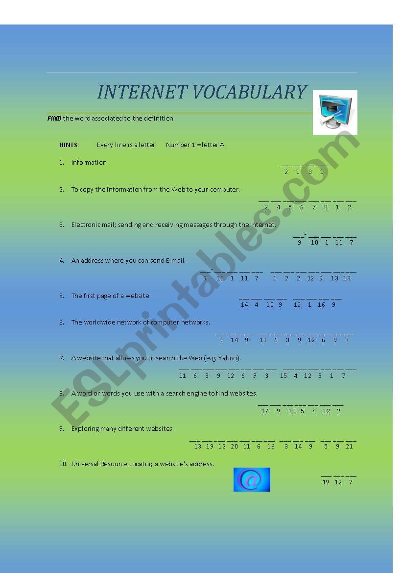 Internet Vocabulary worksheet