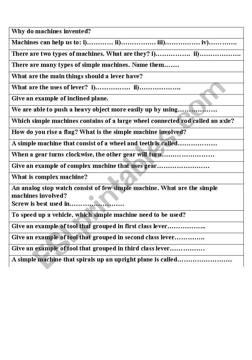 machines worksheet