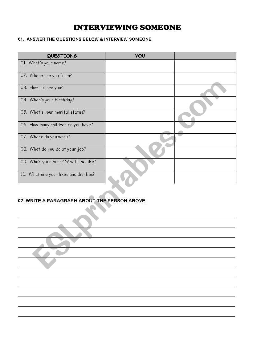 Interviewing a classmate worksheet