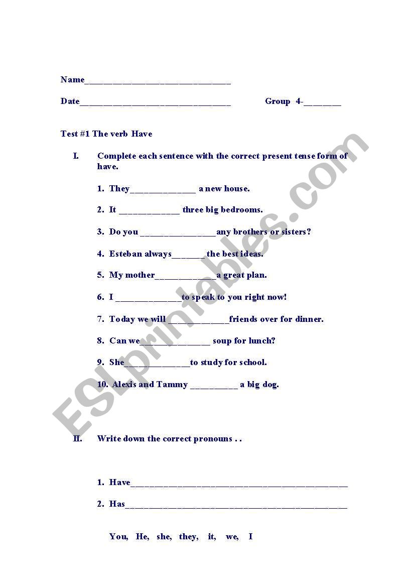 Verb to have worksheet