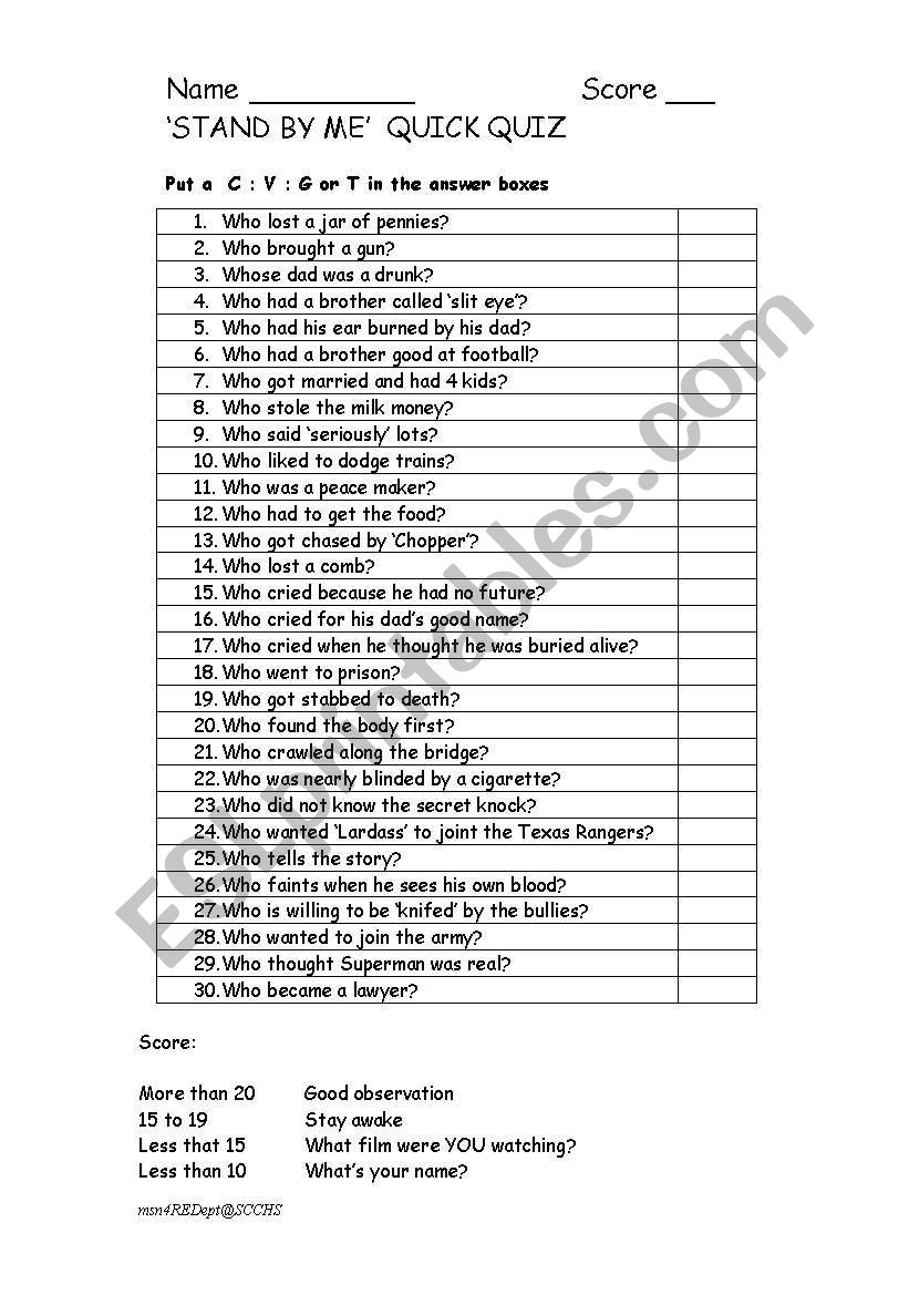 Stand By Me - Quick Quiz worksheet