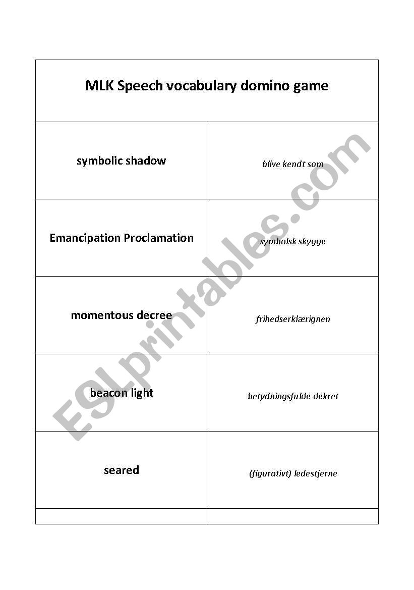 Martin Luther King vocabulary domino game