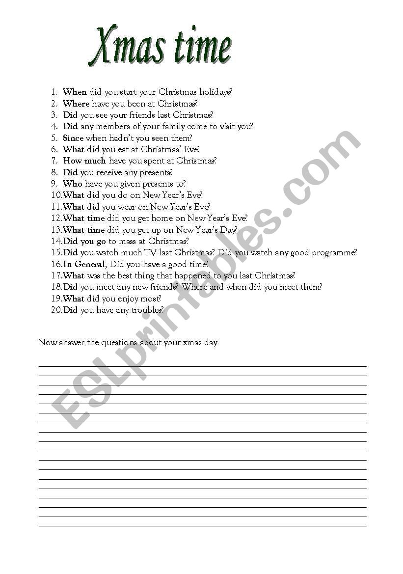 xmas questions worksheet