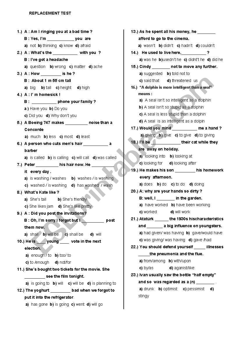 REPLACEMENT TEST worksheet