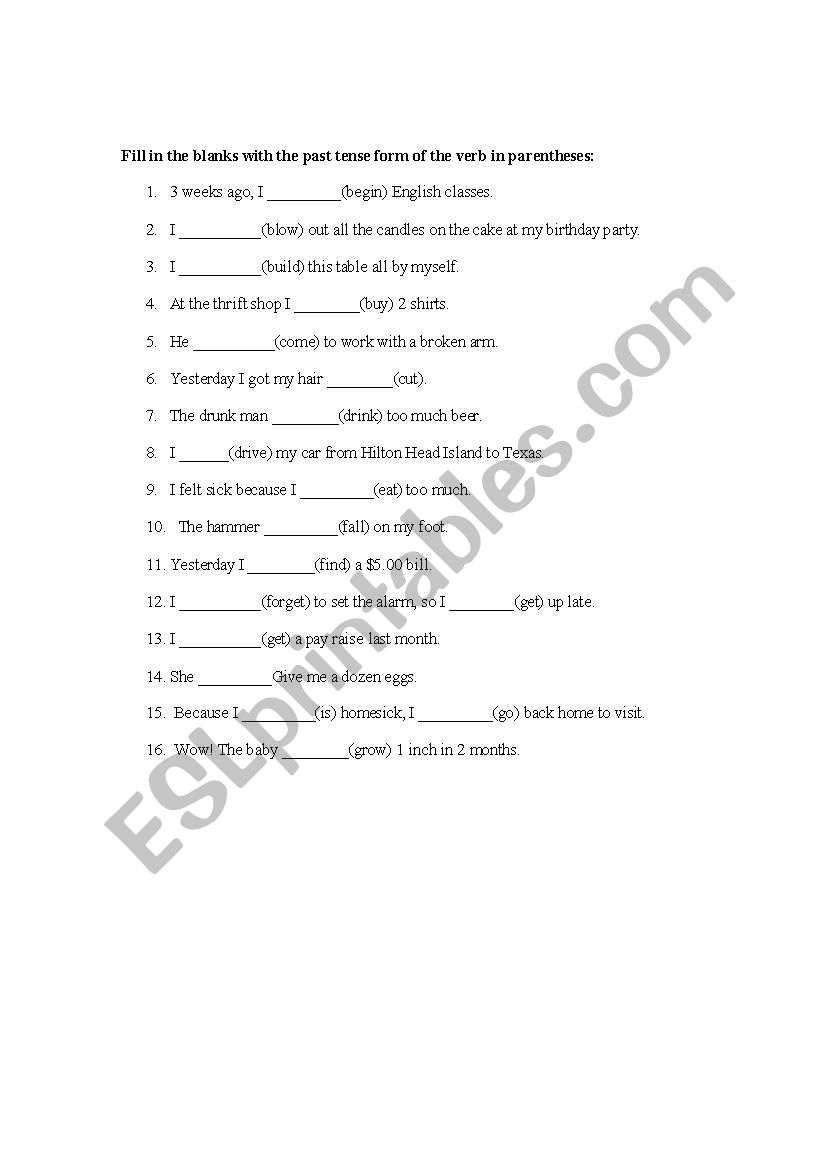 English Worksheets Using Irregular Verbs In Sentences page 1