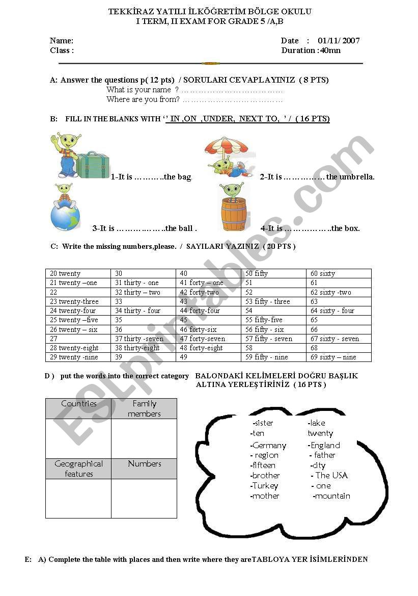 exam worksheet