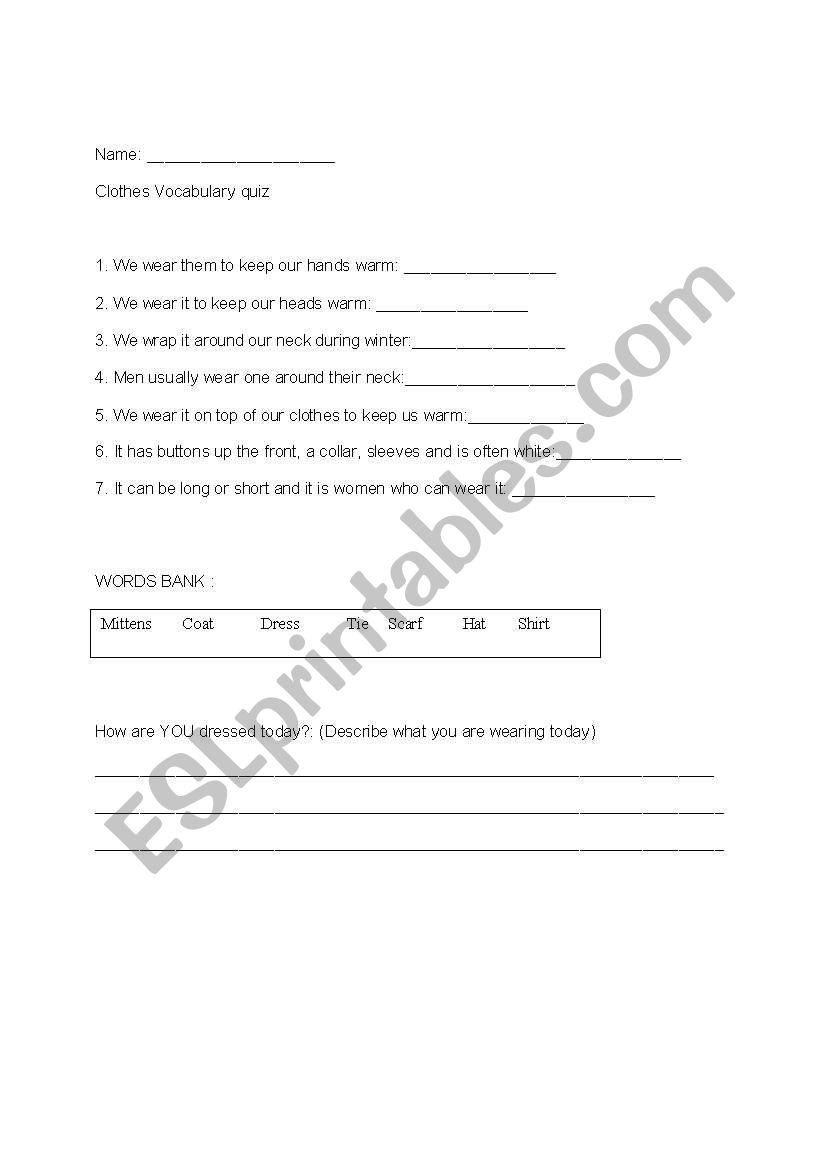 Clothing quizz worksheet