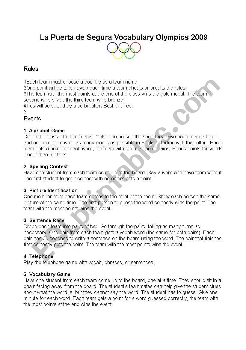 La Puerta Vocabulary Olympics worksheet