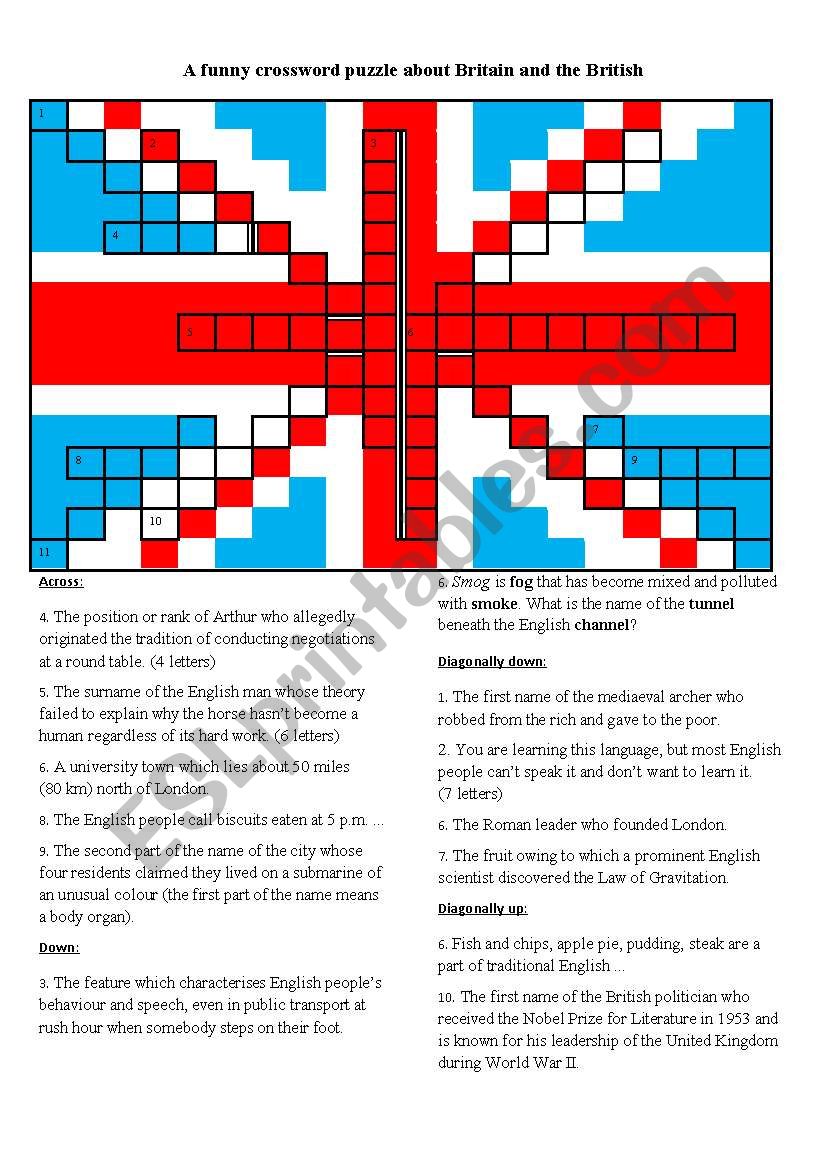 Crossword puzzle Britain and the British ESL worksheet by guelder