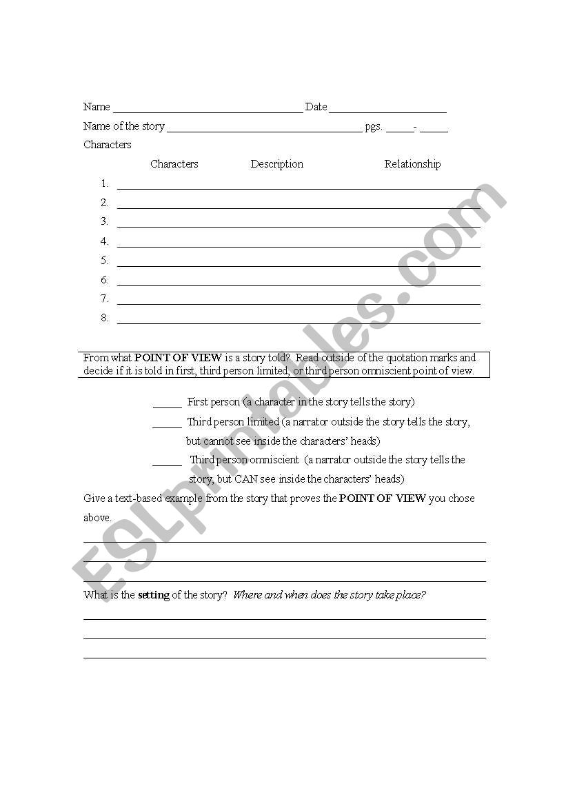 Novel or Short Story Worksheet