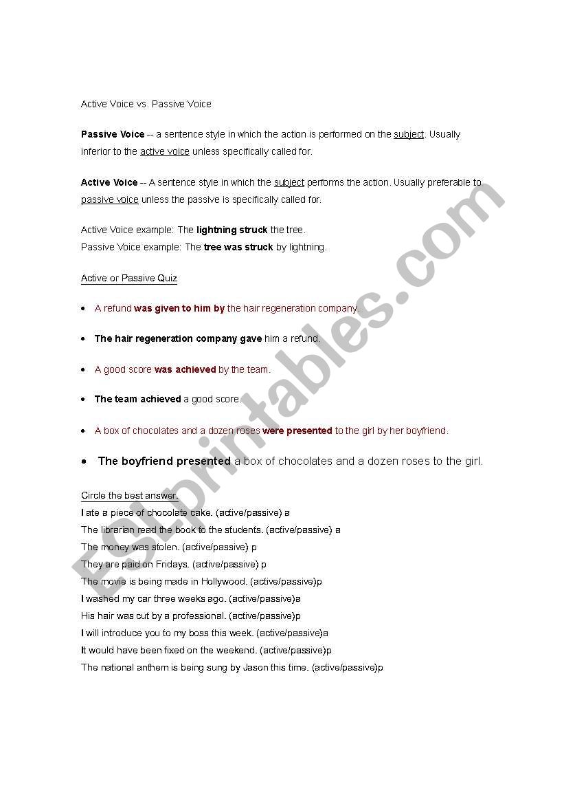 Active Voice/Passive Voice worksheet