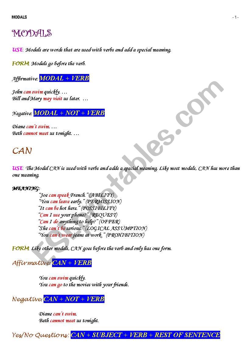 modals worksheet