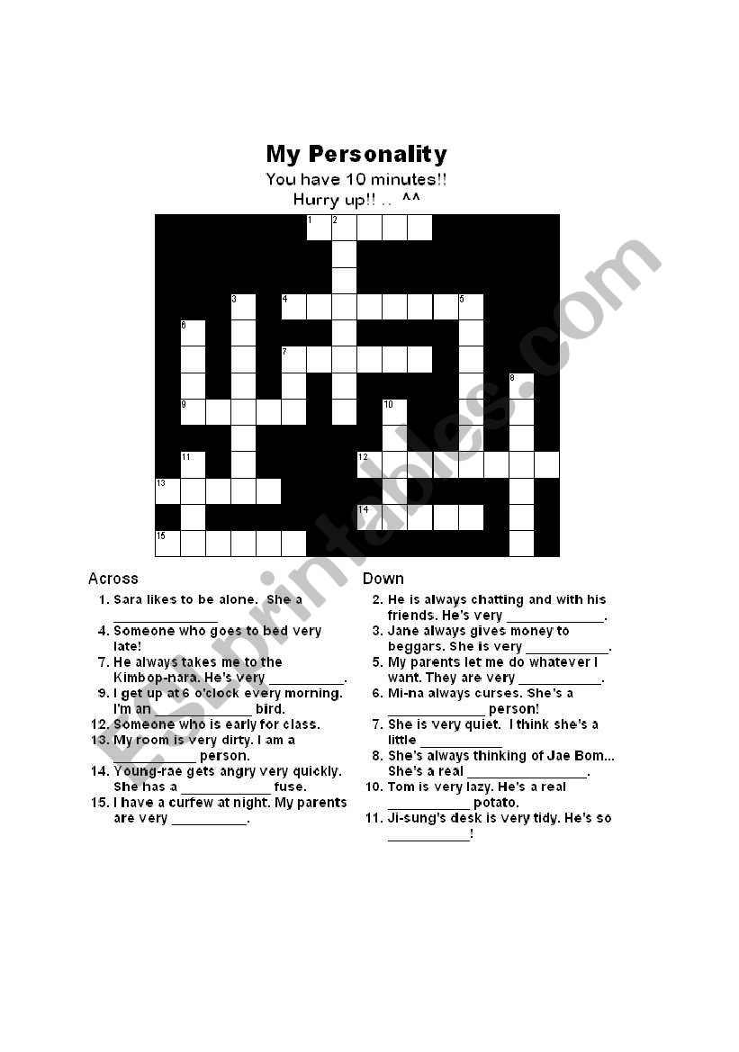 English worksheets: personality crossword and answers