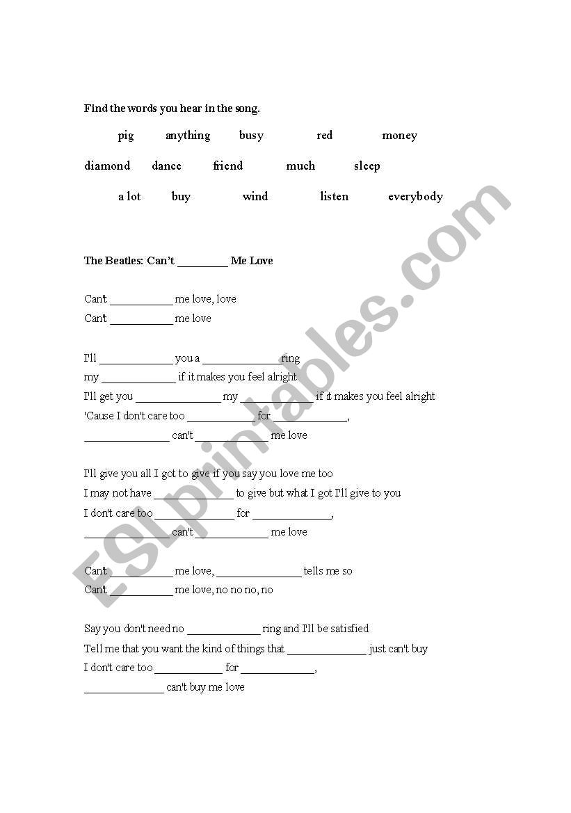 Cant Buy Me Love  worksheet