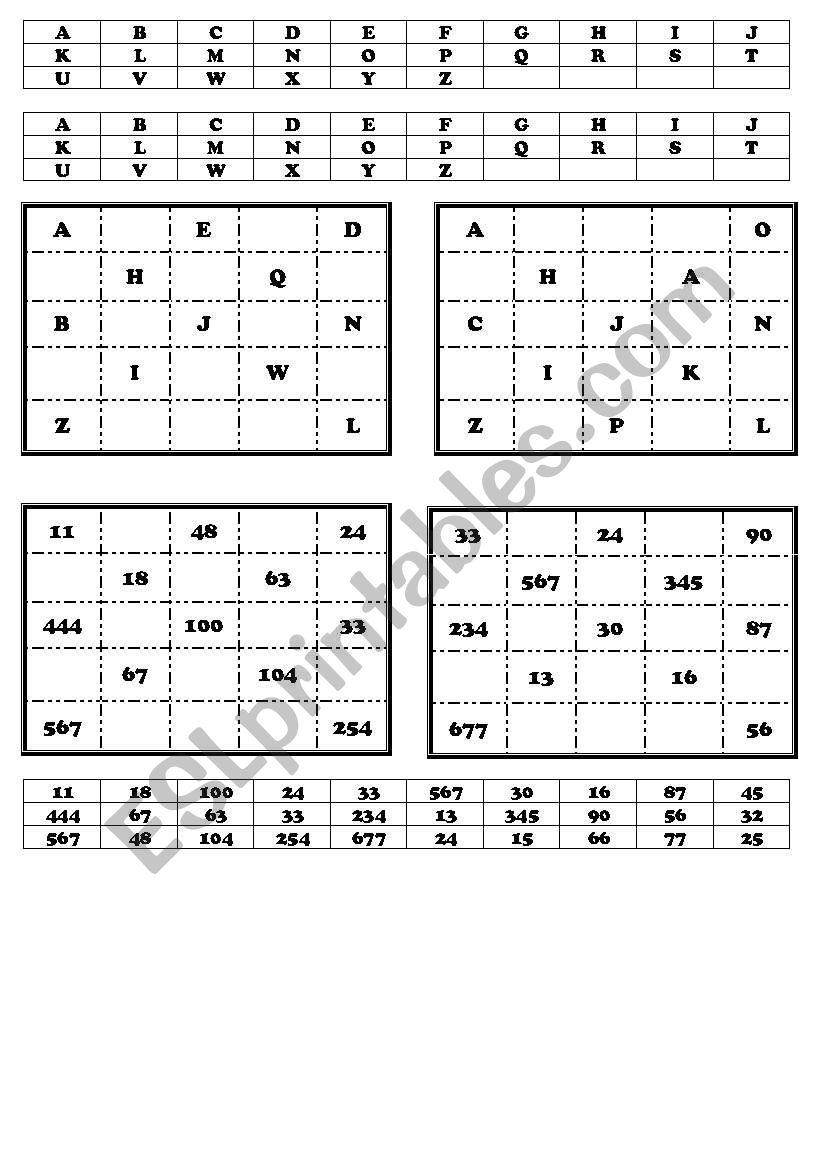 Bingo letters and numbers worksheet